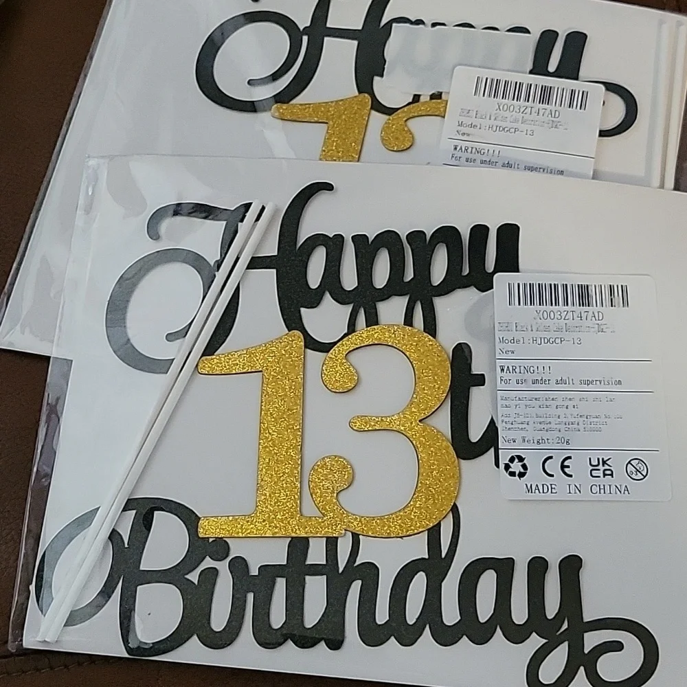 Black and Gold Happy 13th Birthday Cake Topper Lot Of 2 Packs